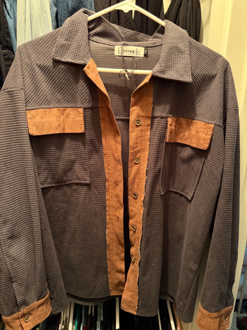Two-Tone Button-Down Shirt Jacket in Charcoal and Tan